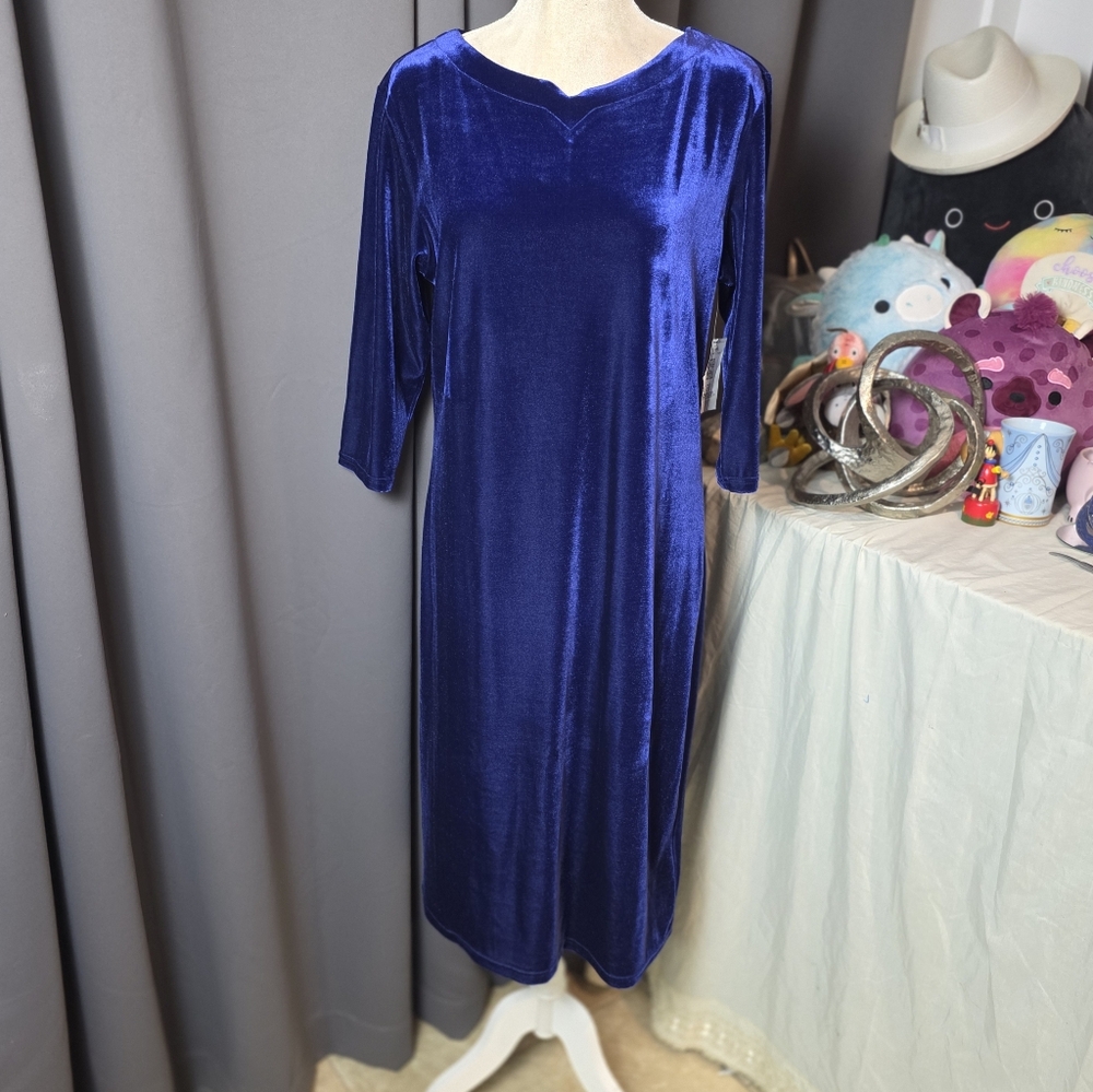 Bentley Blue Velvet Midi Dress Size 12 3/4 Sleeve Stretch Royal Sapphire VTG